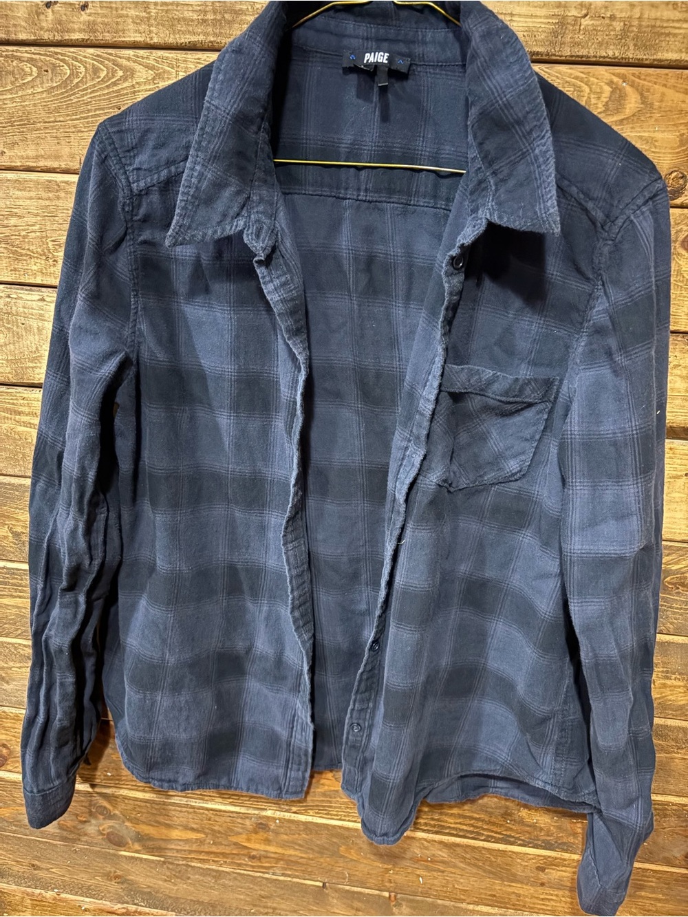 PAIGE womens Navy and black Plaid Button-Up Shirt size large cotton